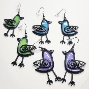 NWT Large Blue, Purple, Or Green Bird Earrings Black Metal Stained Glass Style!